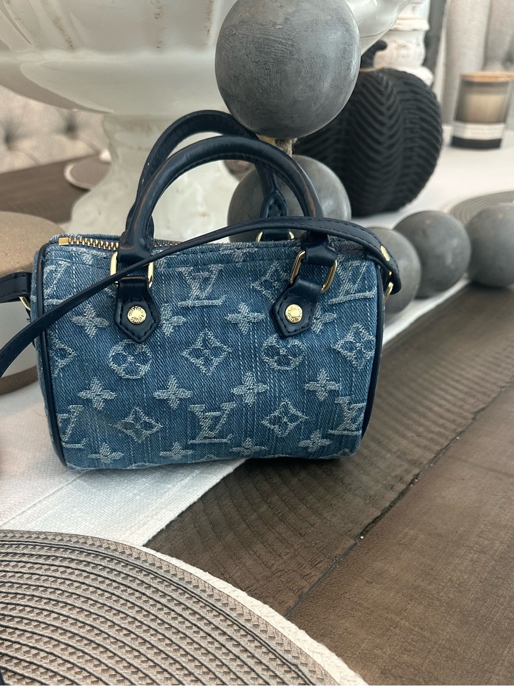 Source Unknown blue denim monogram mini satchel
